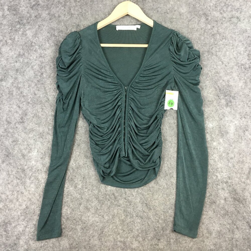 ASTR Top S Cocktail Party Long Sleeve Green Leg of Mutton V Neck Slim Ruched